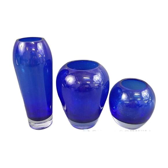 Hand Blown Cobalt Blue Glass Vase, Set of 3, 8" tall - Picture 1 of 9